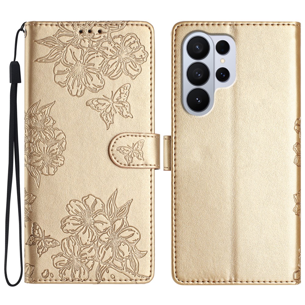  Samsung Galaxy S26 Ultra Fodral Med Blommigt Tryck Läder Guld - Teknikhallen.se