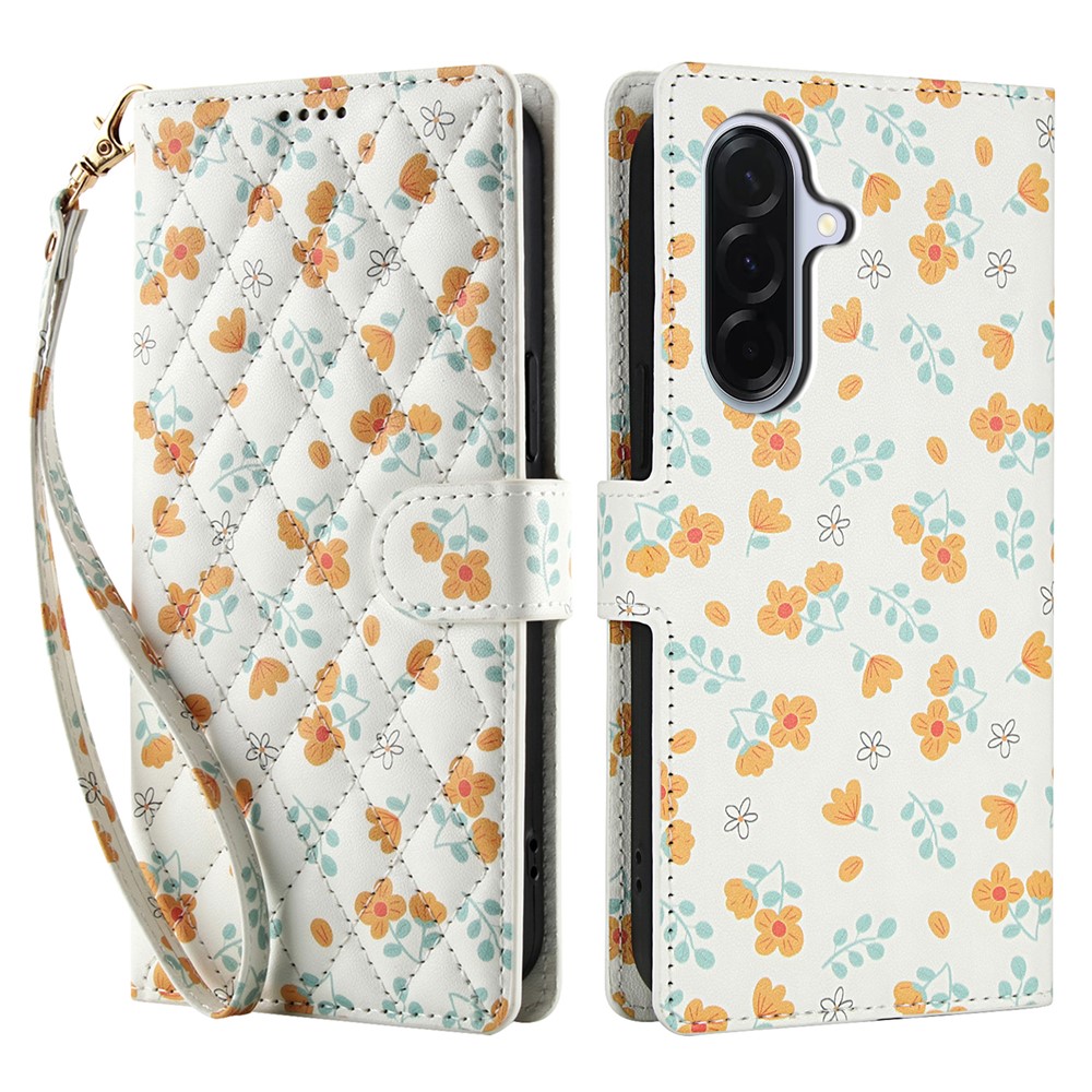  Samsung Galaxy A57 5G Fodral Rhombus Läder Blommor Vit - Teknikhallen.se