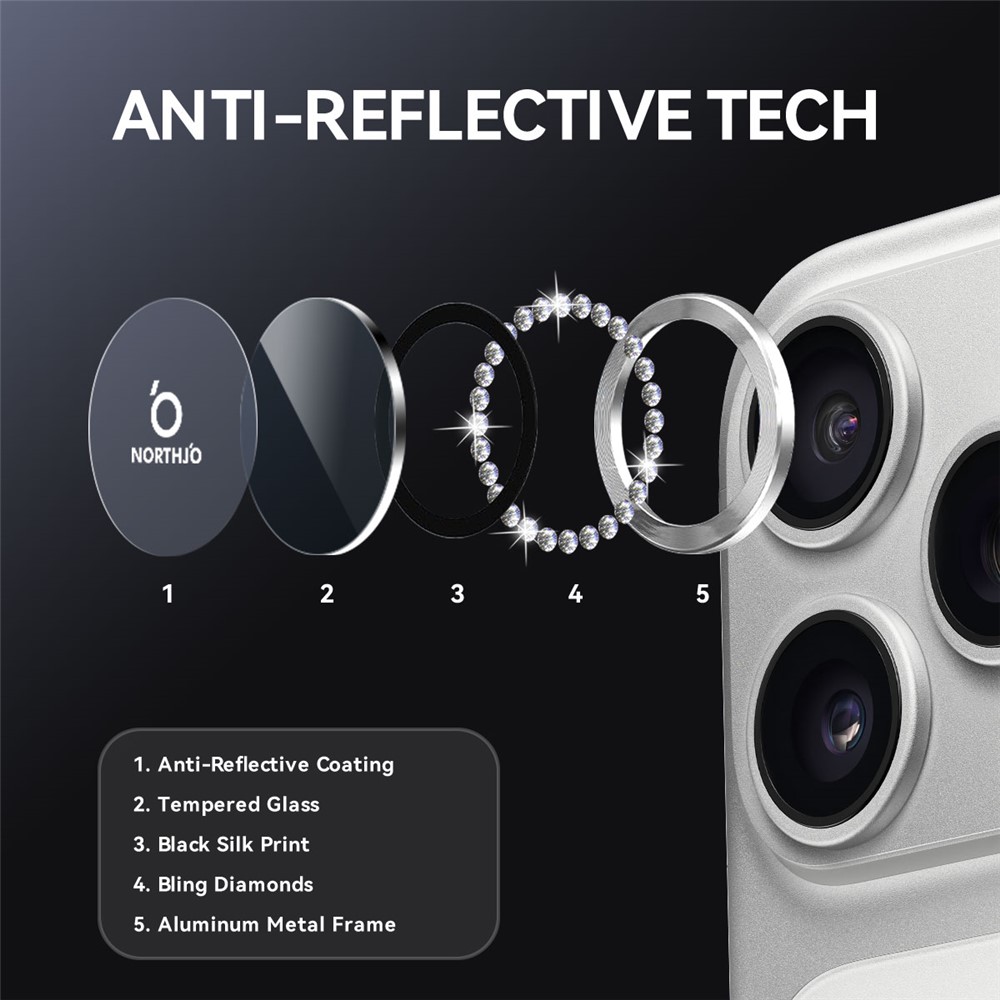NORTHJO NORTHJO iPhone 17 Pro/17 Pro Max Linsskydd Strass Silver - Teknikhallen.se