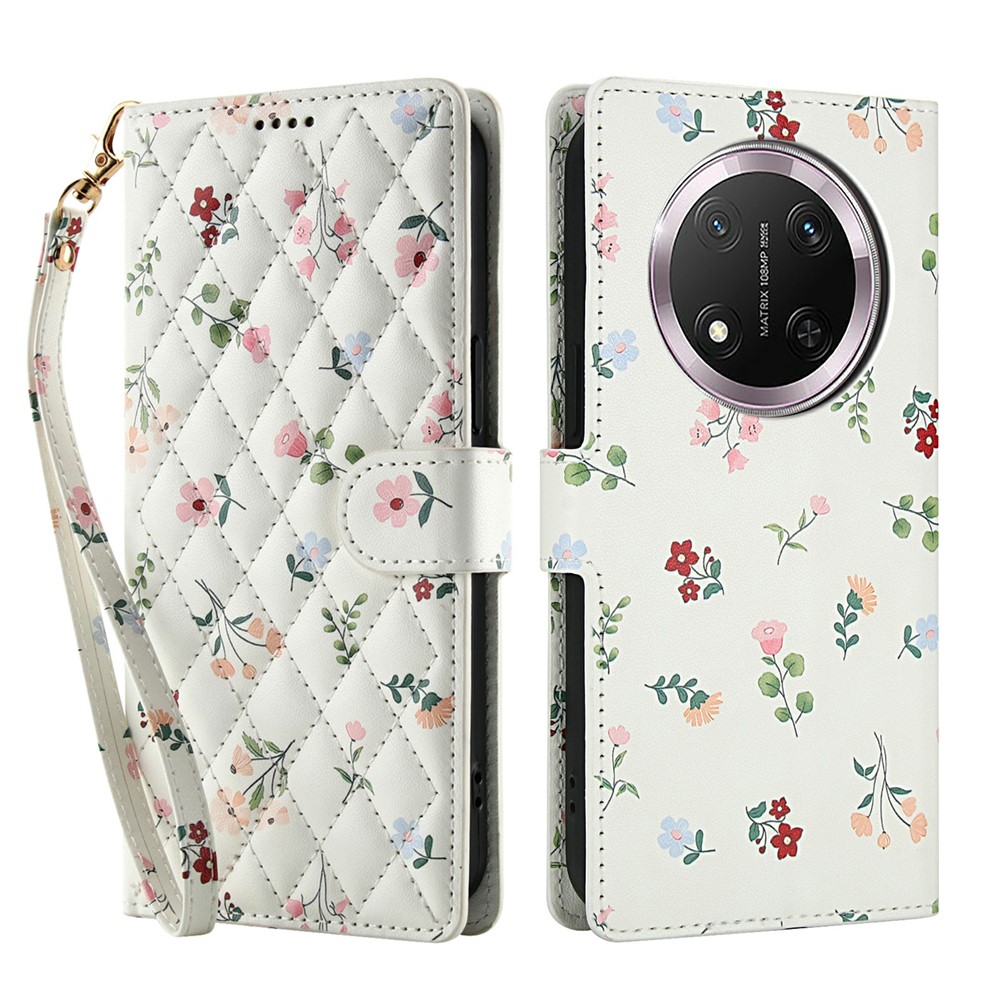  Honor Magic7 Lite Fodral Rhombus Läder Blommor Vit - Teknikhallen.se