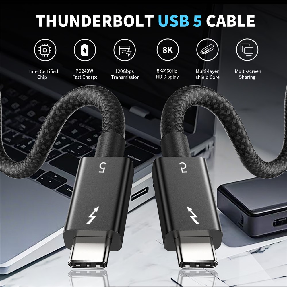  2m Thunderbolt 5 Kabel USB-C 240W 8K / 60Hz PD Svart - Teknikhallen.se