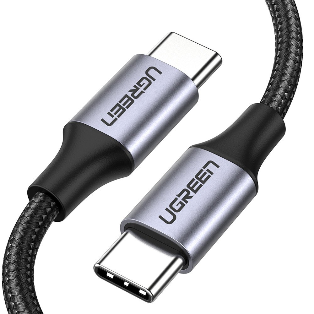 UGREEN Ugreen 1m 60W 3A USB-C - USB-C Fltad Nylon Kabel - Svart/Gr - Teknikhallen.se