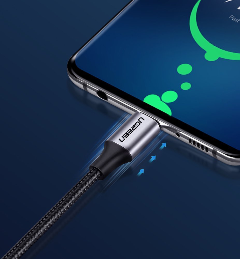 UGREEN Ugreen 1m 60W 3A USB-C - USB-C Fltad Nylon Kabel - Svart/Gr - Teknikhallen.se