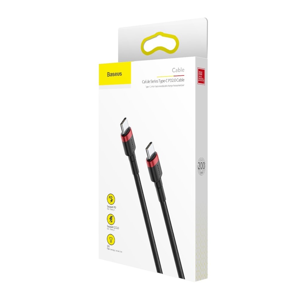 BASEUS Baseus Cafule 2m 60W PD QC USB-C - USB-C Nylon Kabel - Svart/Rd - Teknikhallen.se