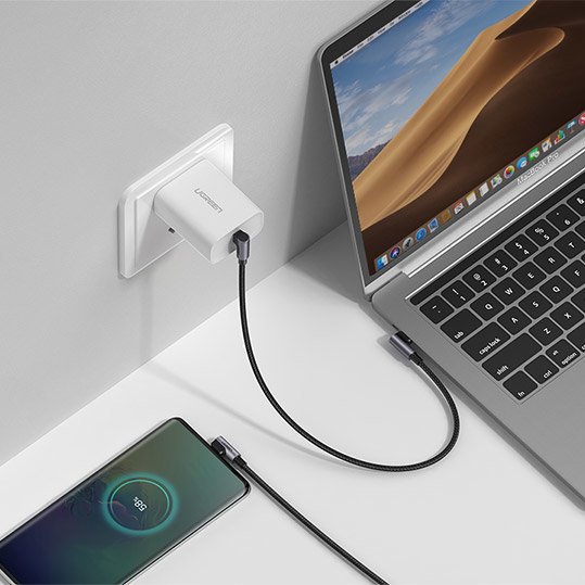 UGREEN Ugreen 1m 3A Elbow USB-C PD QC FPC Fltad Nylon Kabel Svart/Gr - Teknikhallen.se