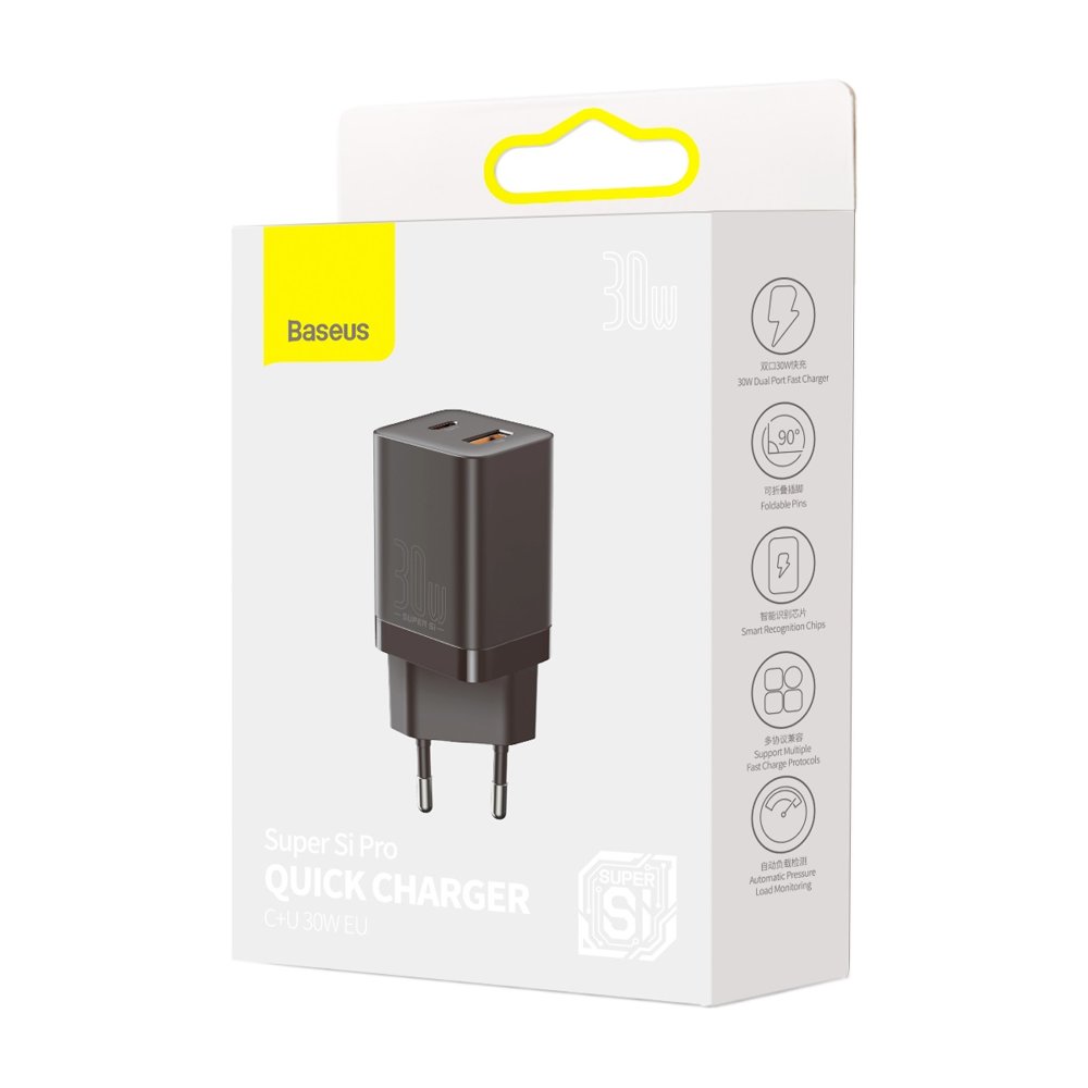 BASEUS Baseus 30W Super Pro USB-C / USB-A PD QC Vggladdare Svart - Teknikhallen.se