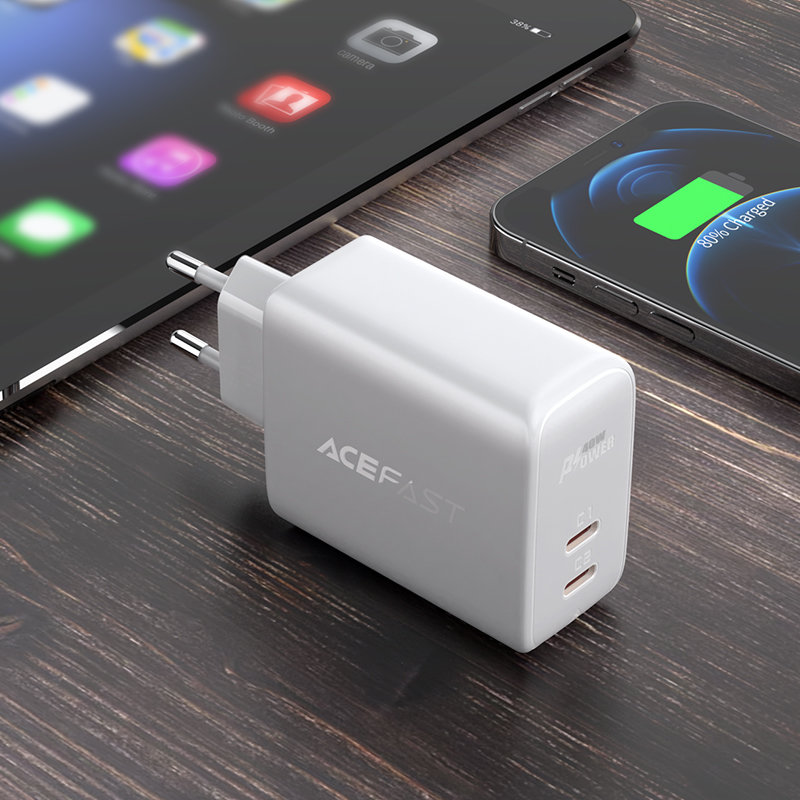 Acefast Acefast 40W PD PPS QC 2x USB-C Väggladdare Vit - Teknikhallen.se