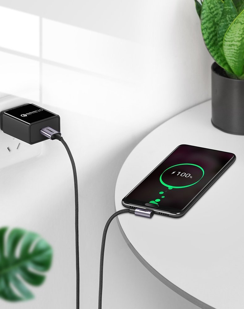 UGREEN Ugreen 2m 3A Elbow USB-C Flätad Nylonkabel - Grå - Teknikhallen.se