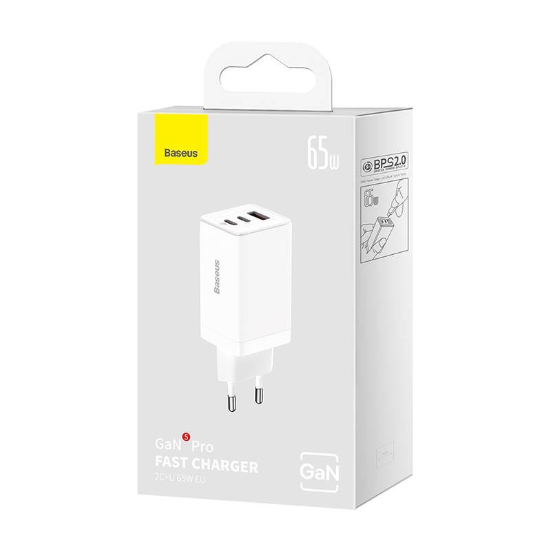 BASEUS Baseus 65W GaN5 Pro Väggladdare 2x USB-C 1x USB-A Vit - Teknikhallen.se