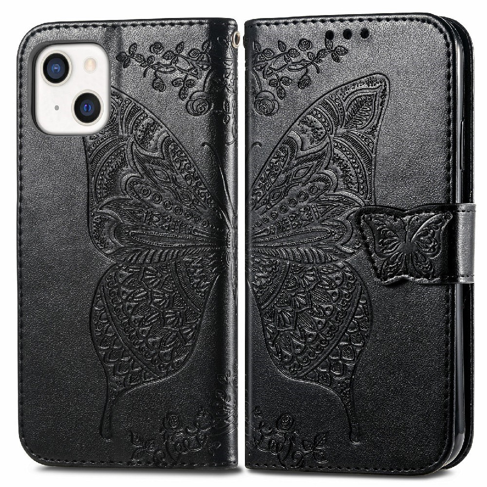  iPhone 13 - Butterfly Print Läder Fodral - Svart - Teknikhallen.se