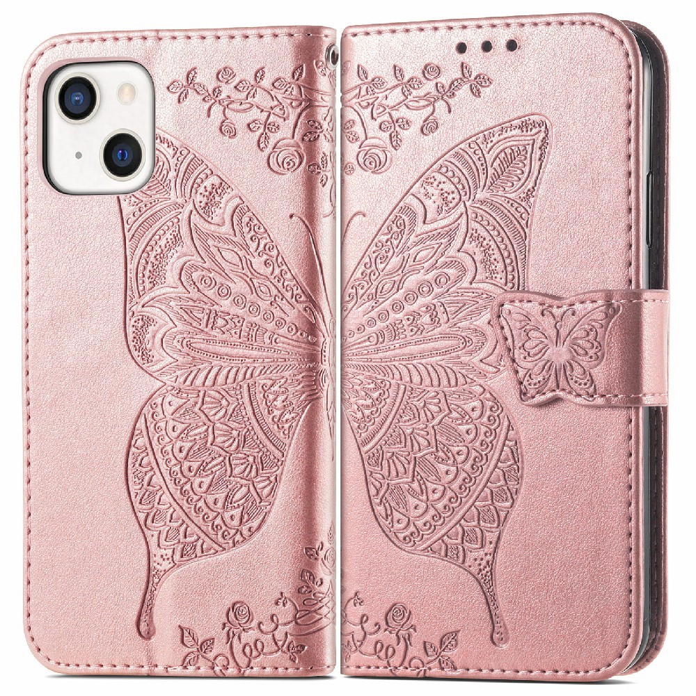  iPhone 13 - Butterfly Print Lder Fodral - Rosguld - Teknikhallen.se