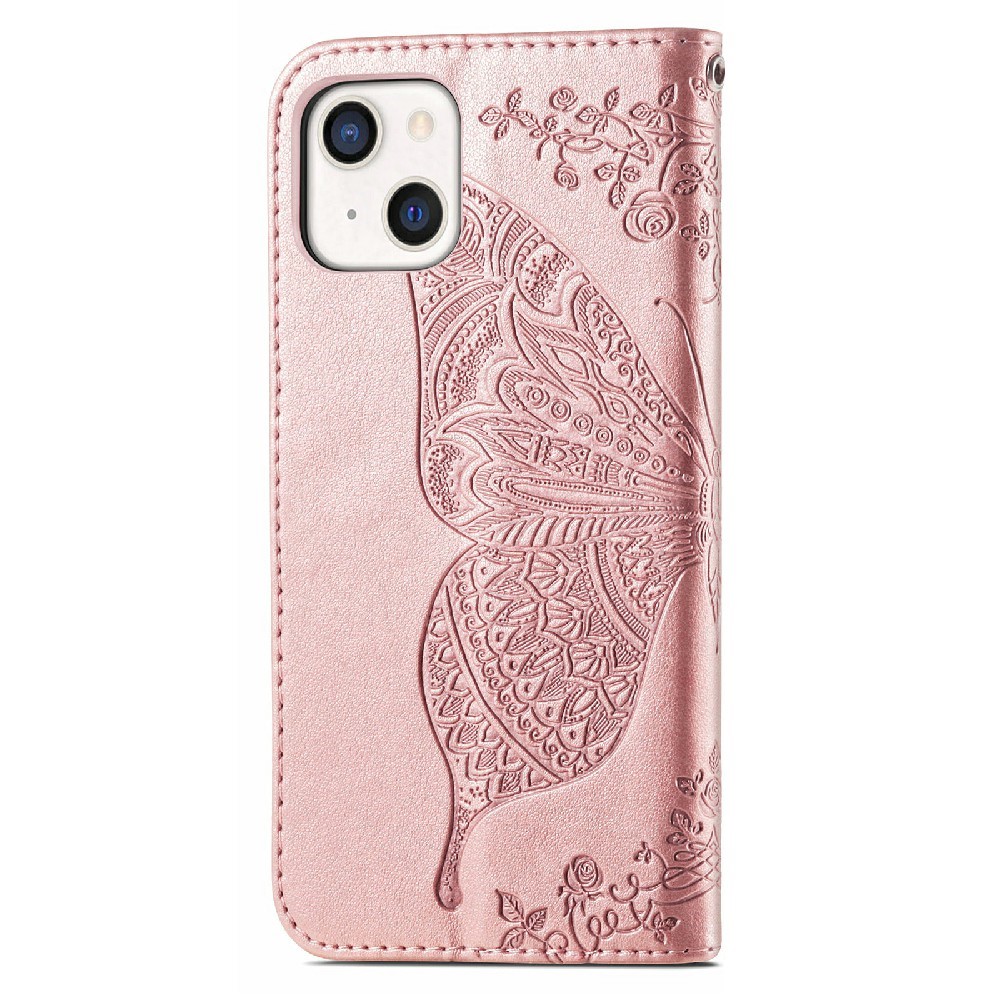  iPhone 13 - Butterfly Print Lder Fodral - Rosguld - Teknikhallen.se