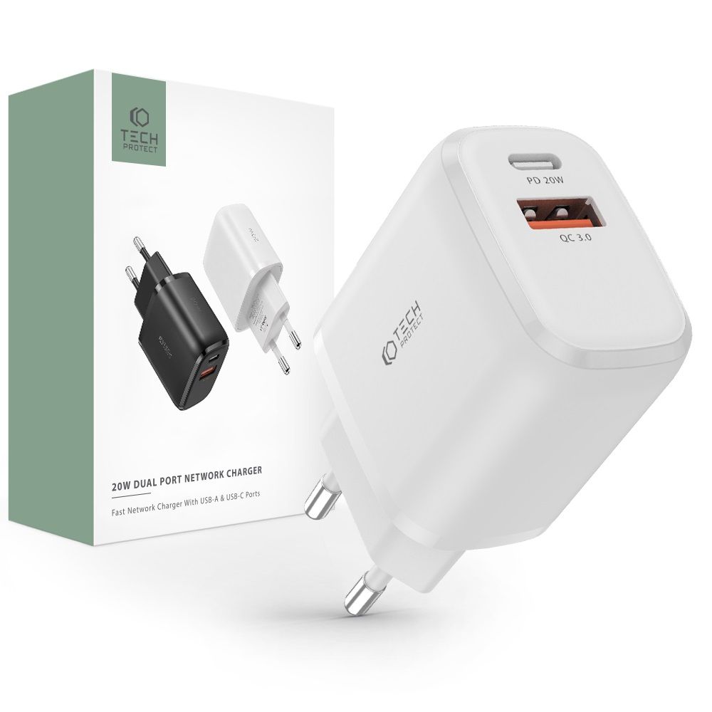 Tech-Protect Tech-Protect 20W Vggladdare PD QC USB-C / USB-A Vit - Teknikhallen.se