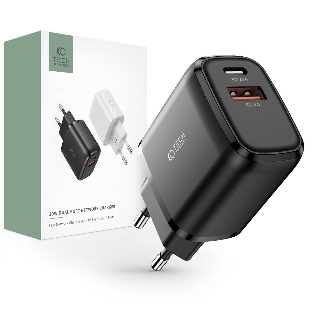 Tech-Protect Tech-Protect 20W Vggladdare PD QC USB-C / USB-A Svart - Teknikhallen.se