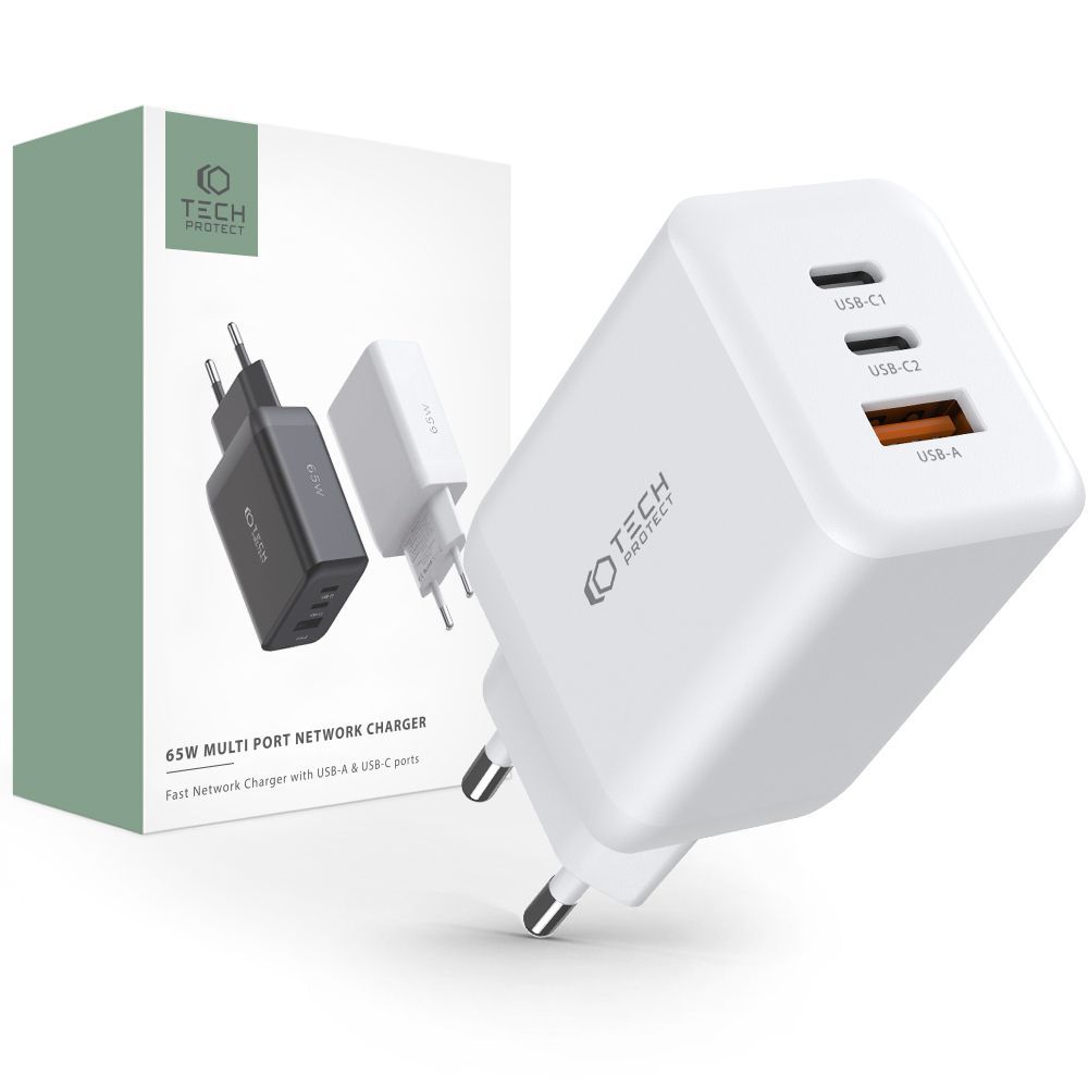 Tech-Protect Tech-Protect 65W PD/QC Väggladdare 2x USB-C 1x USB-A Vit - Teknikhallen.se