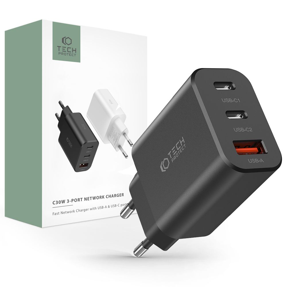 Tech-Protect Tech-Protect 30W PD/QC Vggladdare 2x USB-C 1x USB-A Svart - Teknikhallen.se