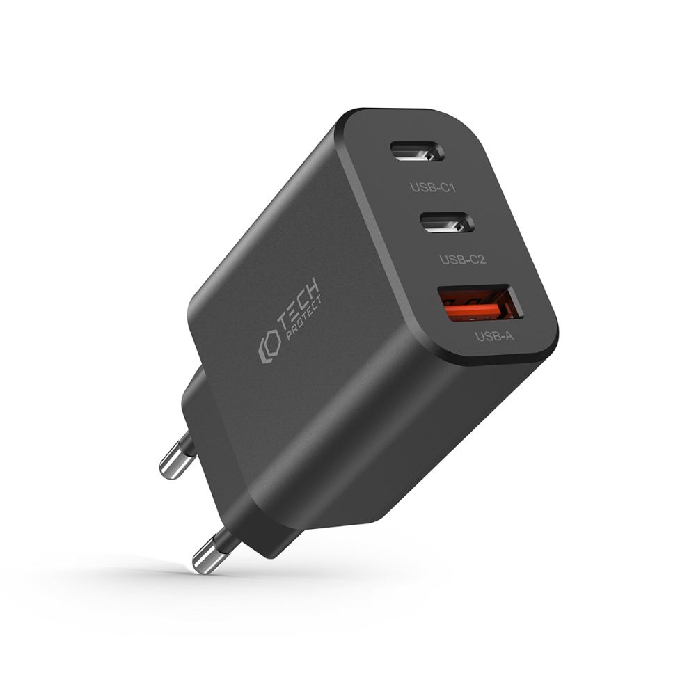 Tech-Protect Tech-Protect 30W PD/QC Vggladdare 2x USB-C 1x USB-A Svart - Teknikhallen.se