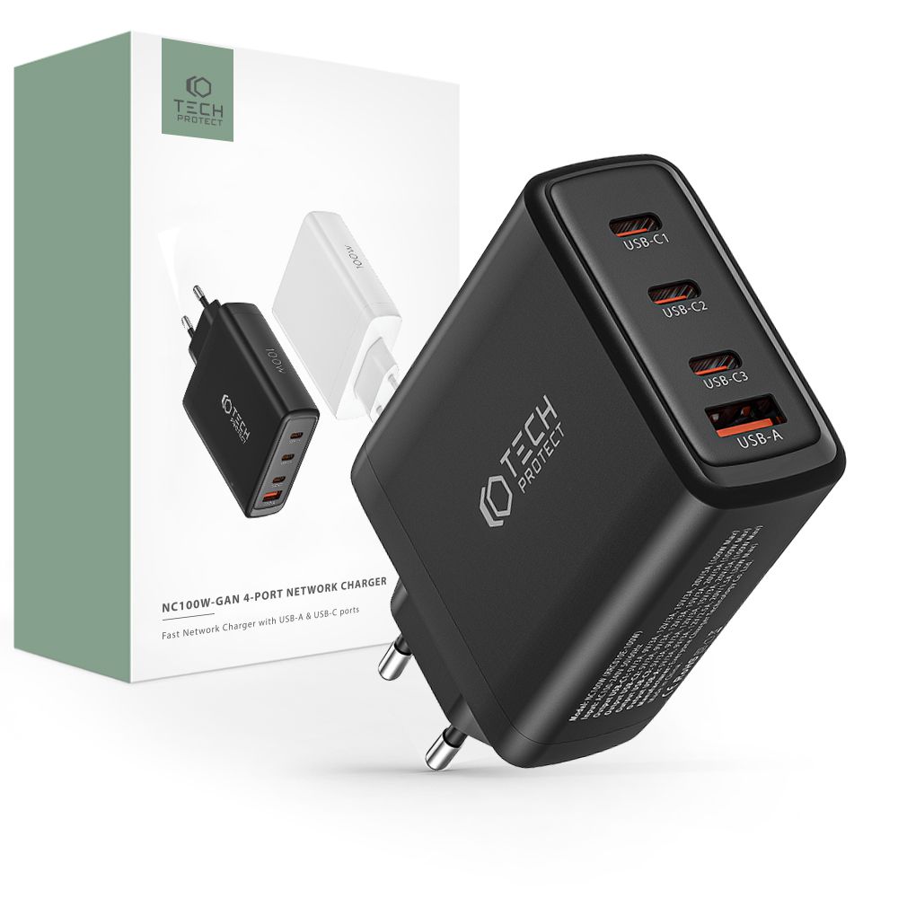 Tech-Protect Tech-Protect 100W GaN PD/QC Vggladdare 3x USB-C 1x USB-A Svart - Teknikhallen.se