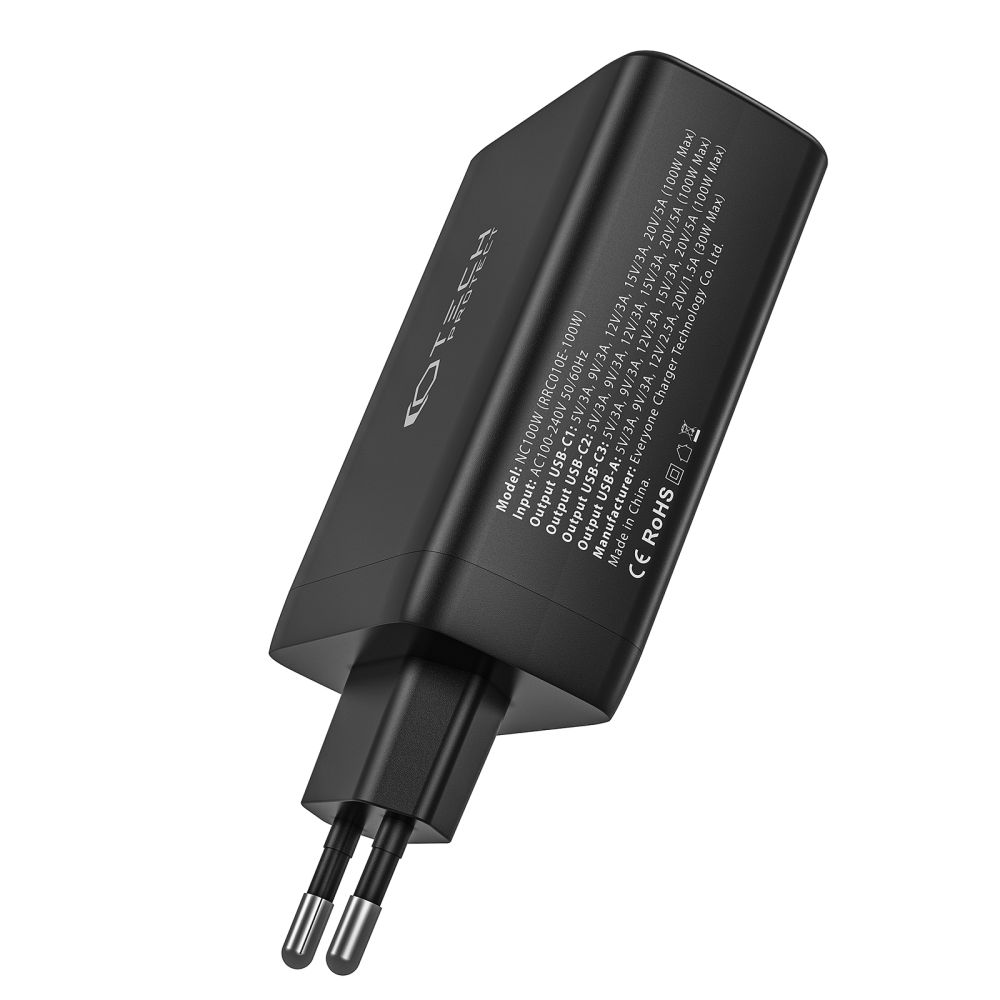 Tech-Protect Tech-Protect 100W GaN PD/QC Vggladdare 3x USB-C 1x USB-A Svart - Teknikhallen.se