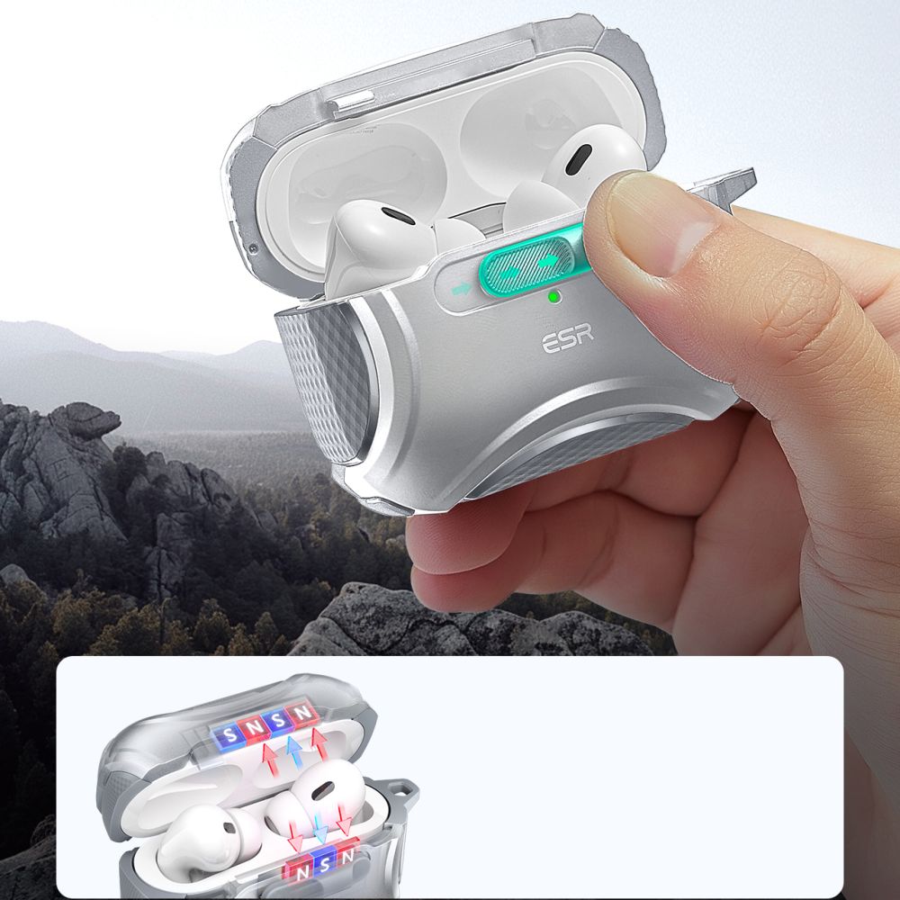 ESR ESR Apple AirPods Pro 1/2 Skal MagSafe Cyber FlickLock HaloLock Silver - Teknikhallen.se