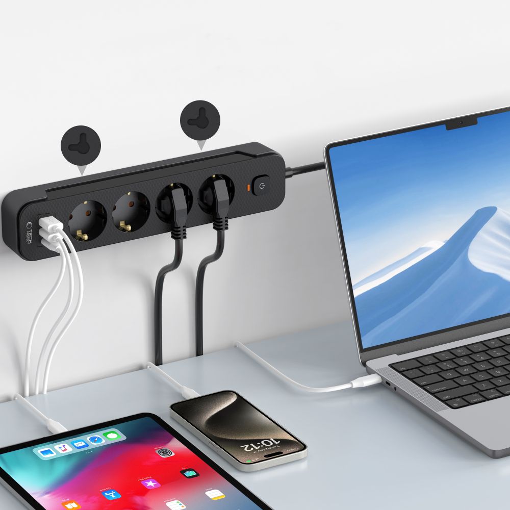 Tech-Protect Tech-Protect 2 m Förgreningsdosa Med USB-C/USB-A Svart - Teknikhallen.se