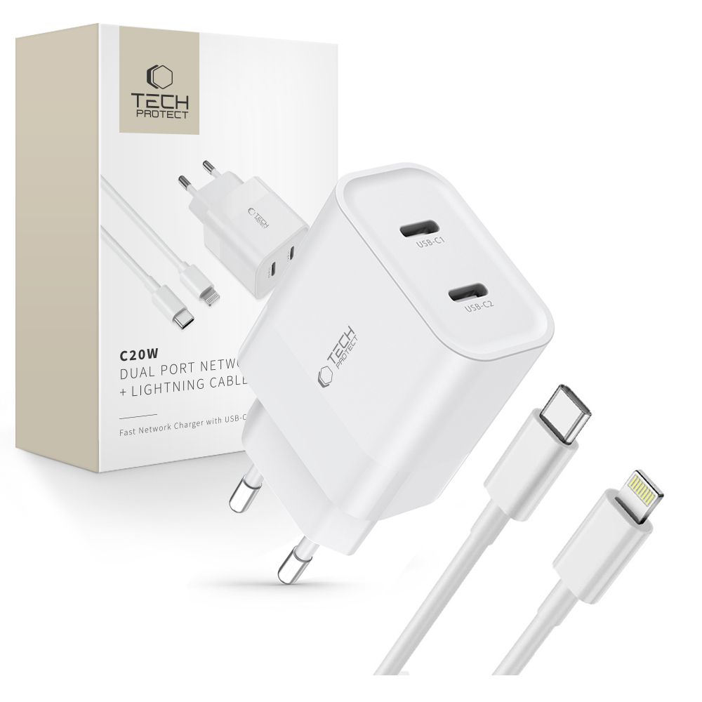 Tech-Protect Tech-Protect 20W Väggladdare PD Inkl. USB-C - Lightning Kabel Vit - Teknikhallen.se