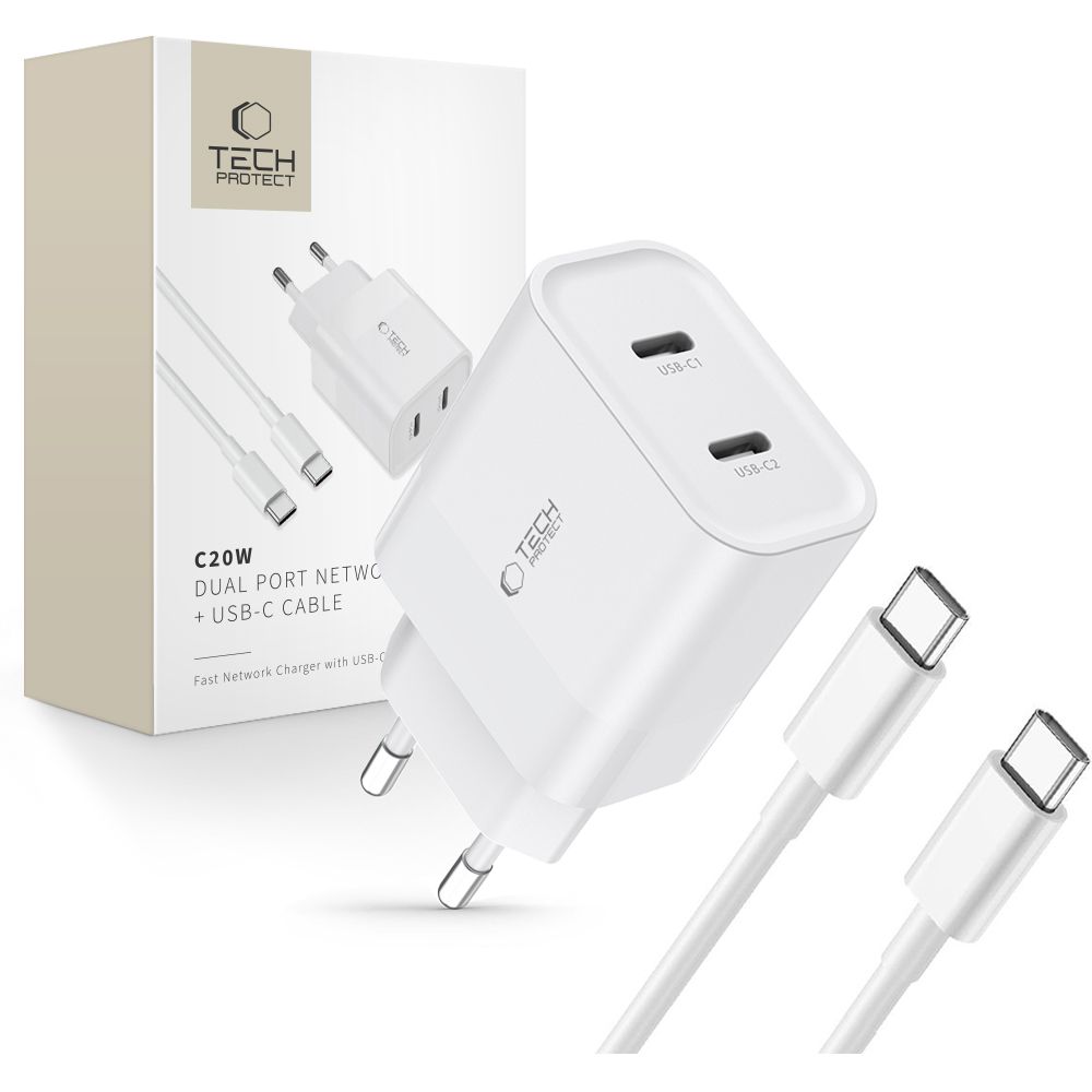 Tech-Protect Tech-Protect 20W Väggladdare PD Inkl. USB-C Kabel Vit - Teknikhallen.se