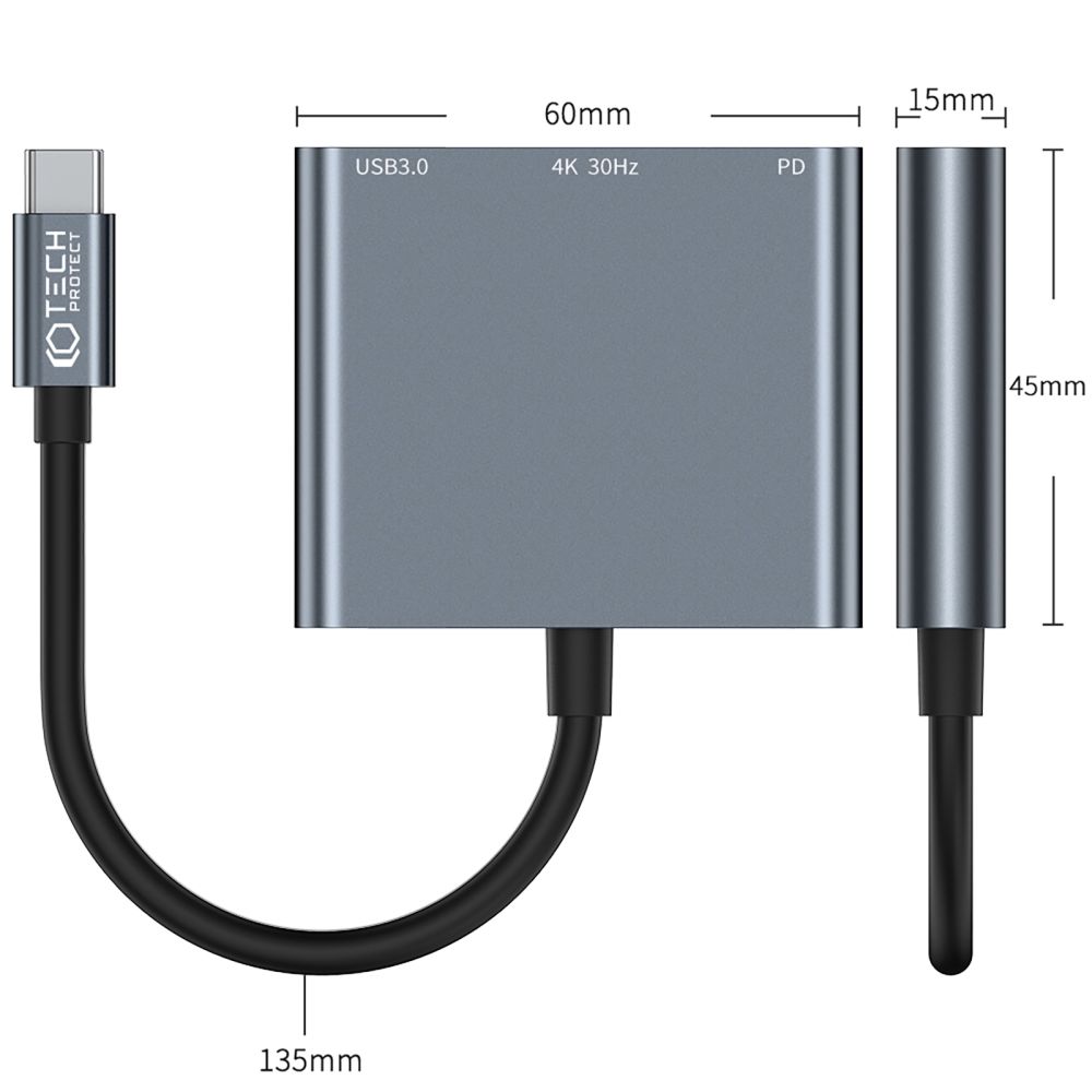 Tech-Protect Tech-Protet 3in1 USB-C Hub USB-A / HDMI / USB-C Grå - Teknikhallen.se