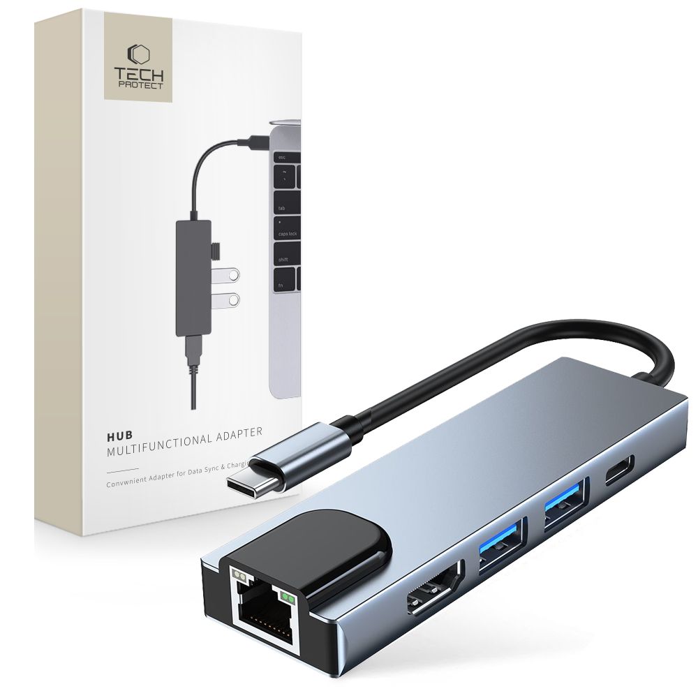 Tech-Protect Tech-Protect 5in1 USB-C Hub USB/HDMI/Ethernet/USB-C Grå - Teknikhallen.se