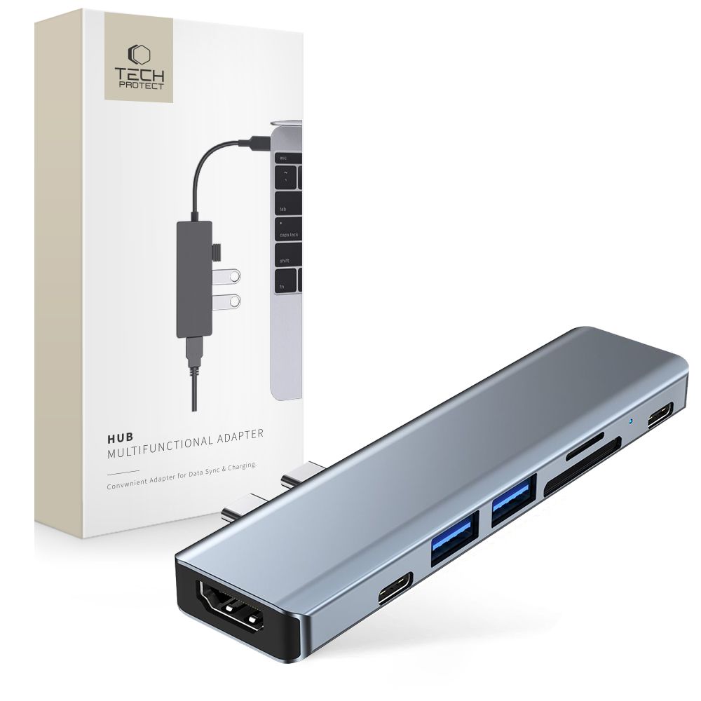 Tech-Protect Tech-Protect 7in1 USB-C Hub USB/HDMI/Minneskortläsare/USB-C Grå - Teknikhallen.se