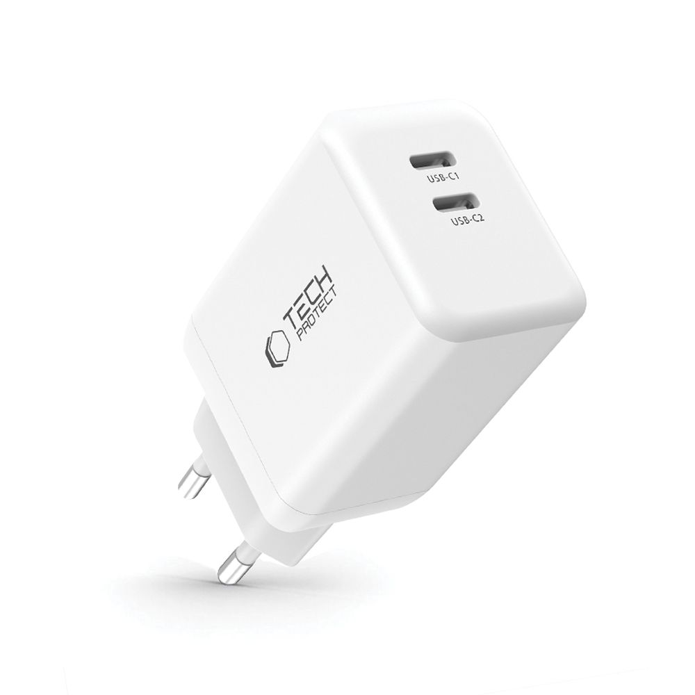 Tech-Protect Tech-Protect 45W PD 2x USB-C Väggladdare Vit - Teknikhallen.se