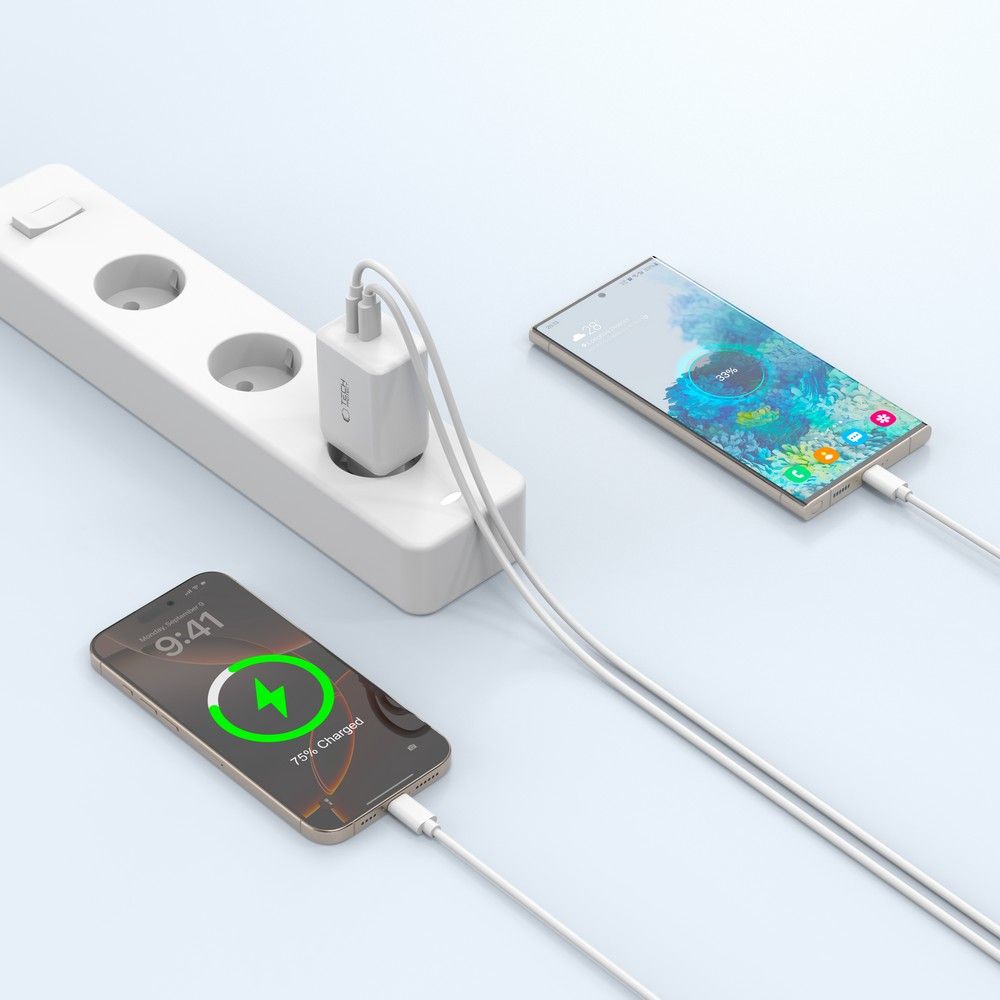 Tech-Protect Tech-Protect 45W PD 2x USB-C Väggladdare Vit - Teknikhallen.se
