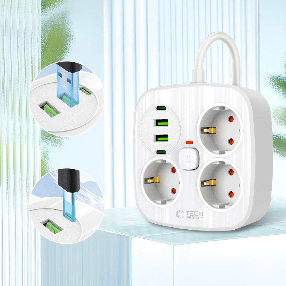 Tech-Protect Tech-Protect 2m Förgreningsdosa Med USB-C/USB-A Vit - Teknikhallen.se