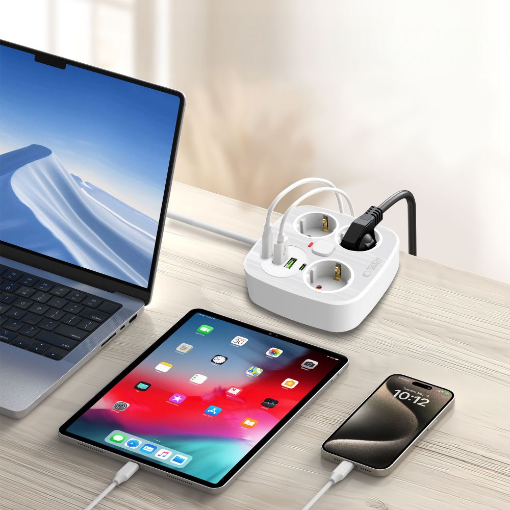 Tech-Protect Tech-Protect 2m Förgreningsdosa Med USB-C/USB-A Vit - Teknikhallen.se
