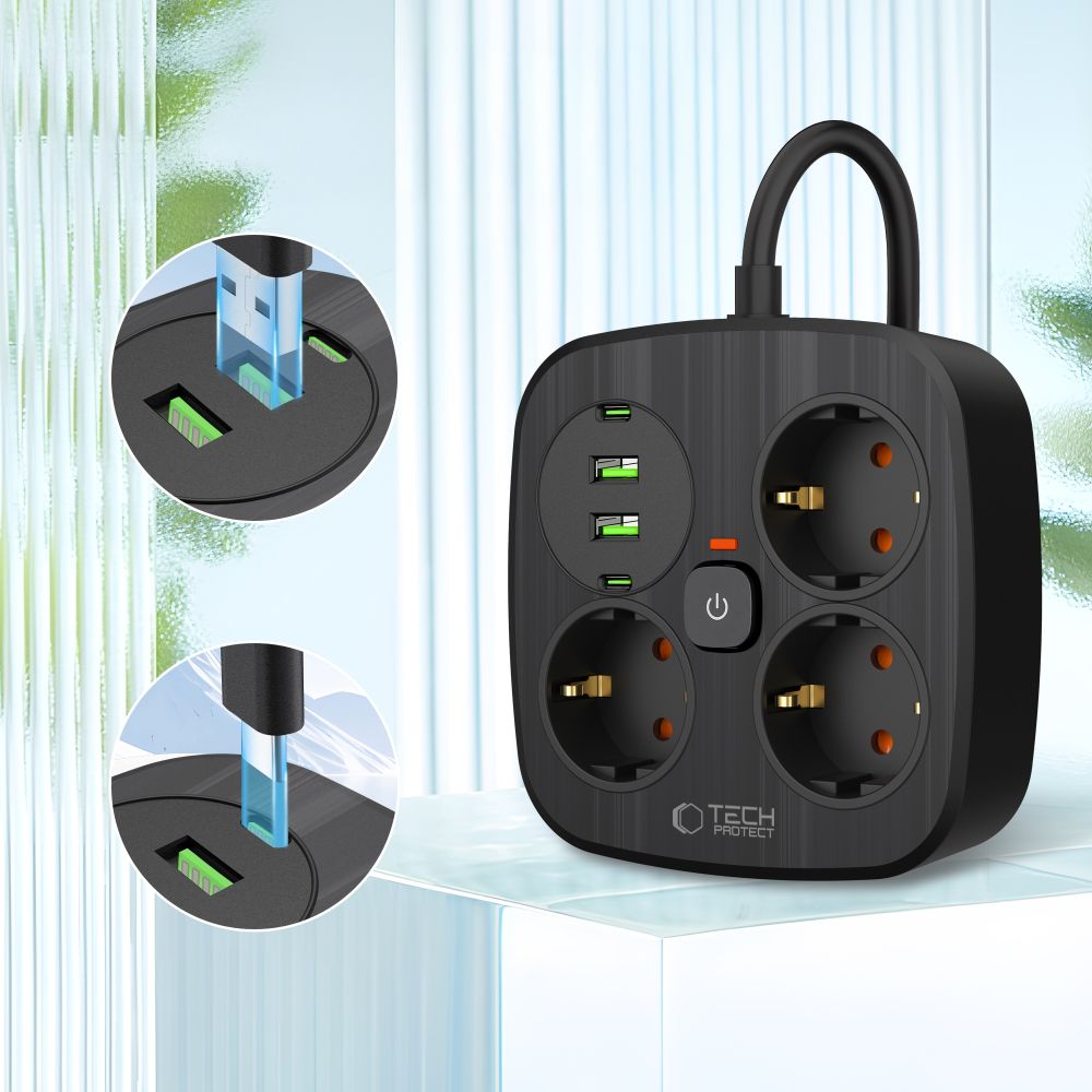 Tech-Protect Tech-Protect 2m Förgreningsdosa Med USB-C/USB-A Svart - Teknikhallen.se