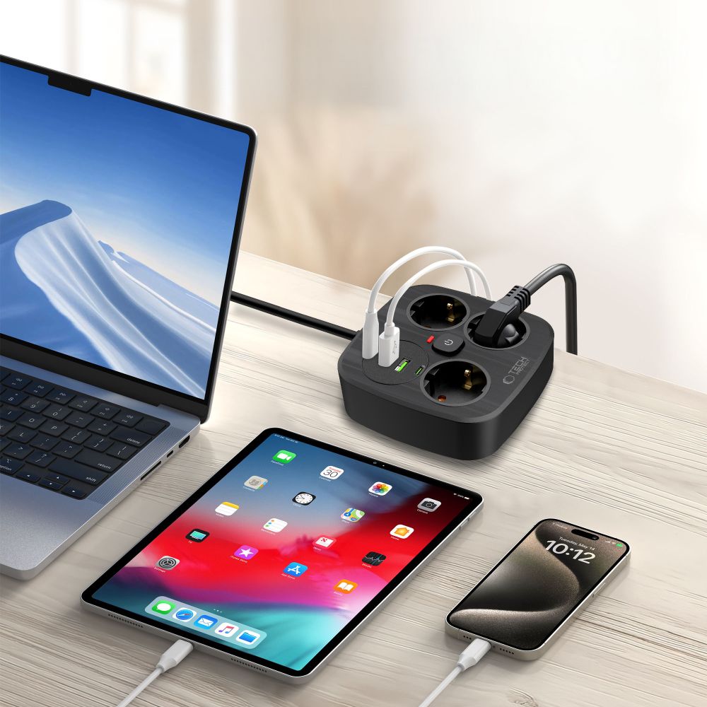 Tech-Protect Tech-Protect 2m Förgreningsdosa Med USB-C/USB-A Svart - Teknikhallen.se