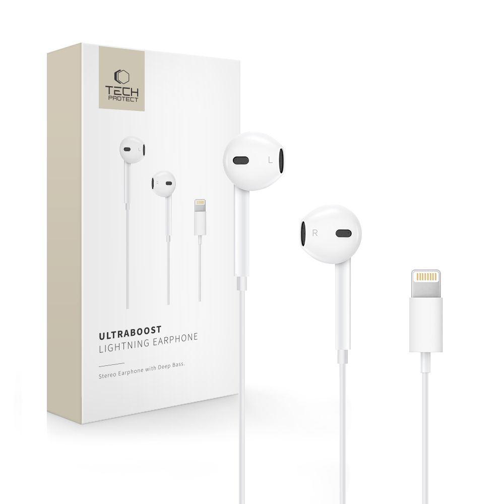 Tech-Protect Tech-Protect In-Ear Hörlurar Lightning UltraBoost Vit - Teknikhallen.se
