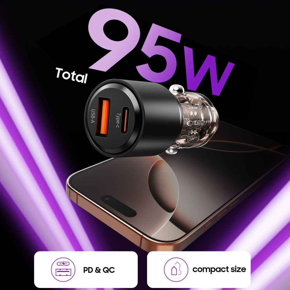 Tech-Protect Tech-Protect 95W PD QC Billaddare USB-C / USB-A Svart - Teknikhallen.se