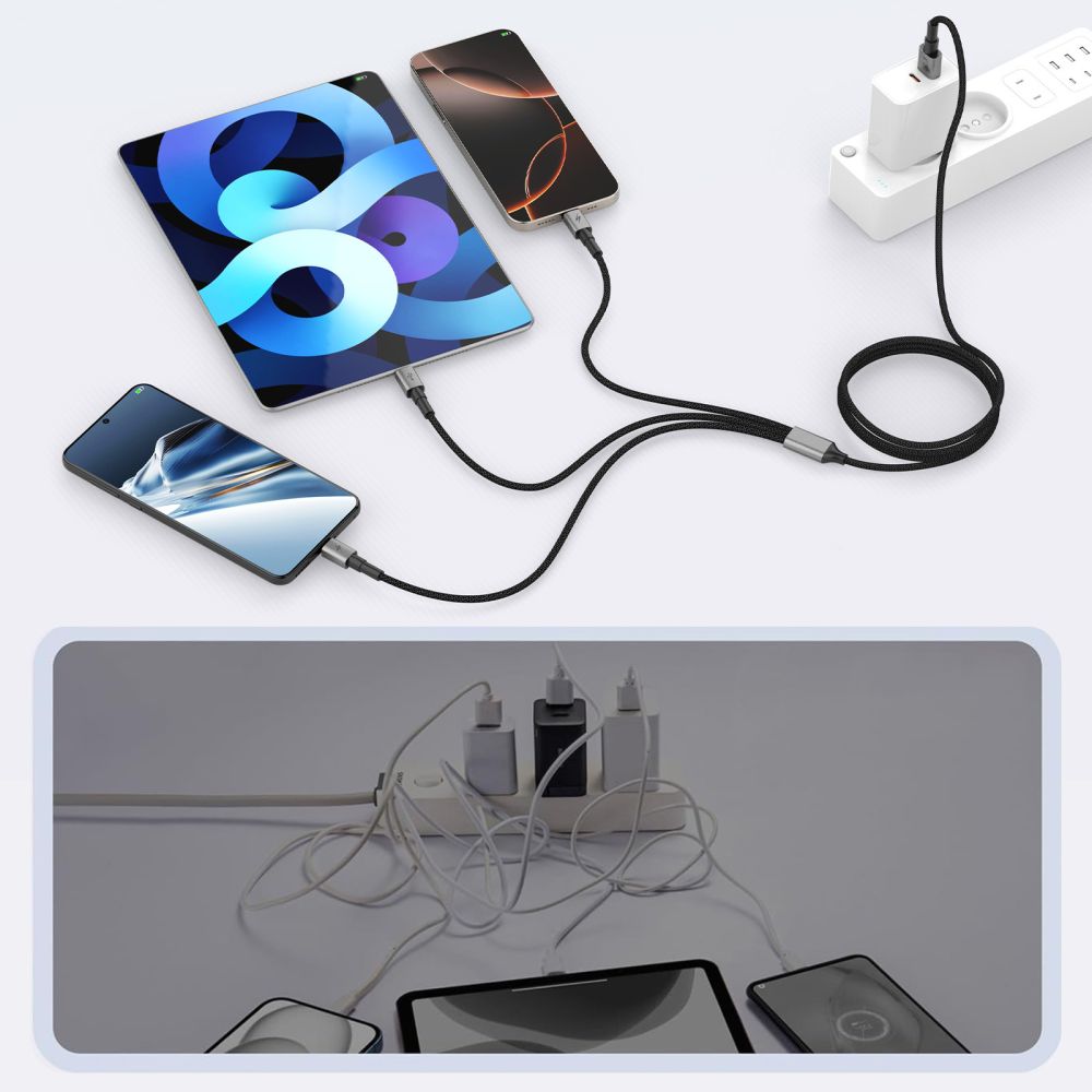 Tech-Protect Tech-Protect 1.2m 3in1 USB-C/Lightning/Micro USB Kabel Iron Grey - Teknikhallen.se
