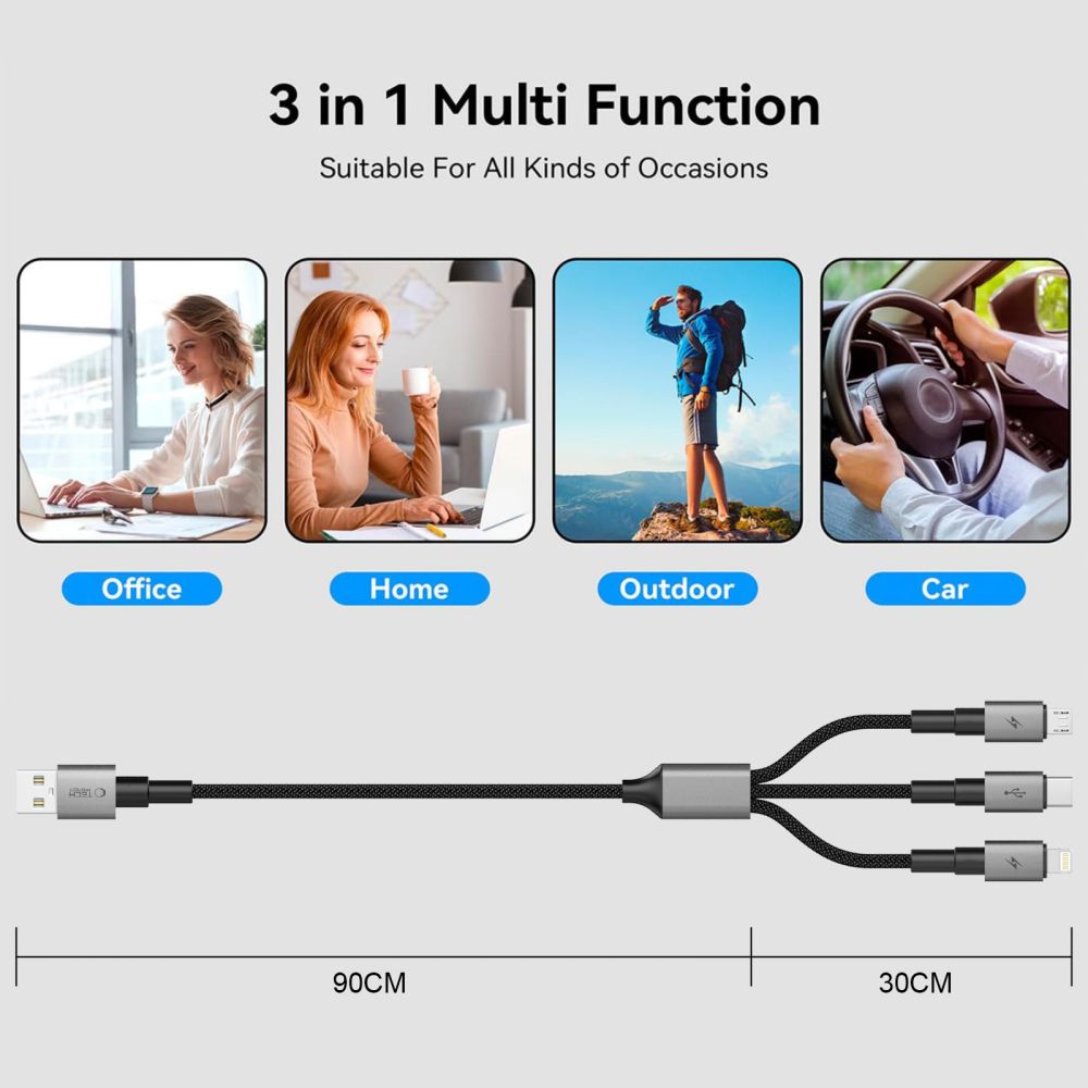 Tech-Protect Tech-Protect 1.2m 3in1 USB-C/Lightning/Micro USB Kabel Iron Grey - Teknikhallen.se