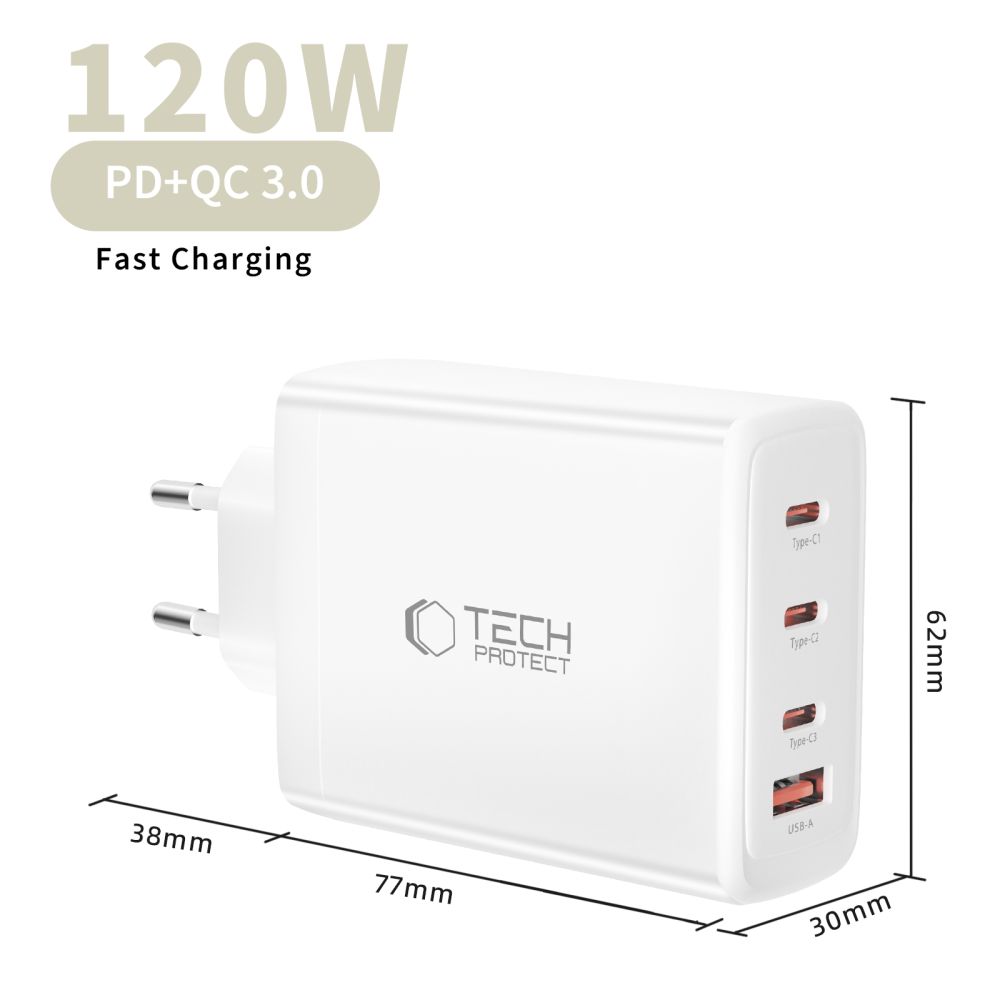Tech-Protect Tech-Protect 120W Väggladdare PD QC3.0 USB-C/USB-A Vit - Teknikhallen.se