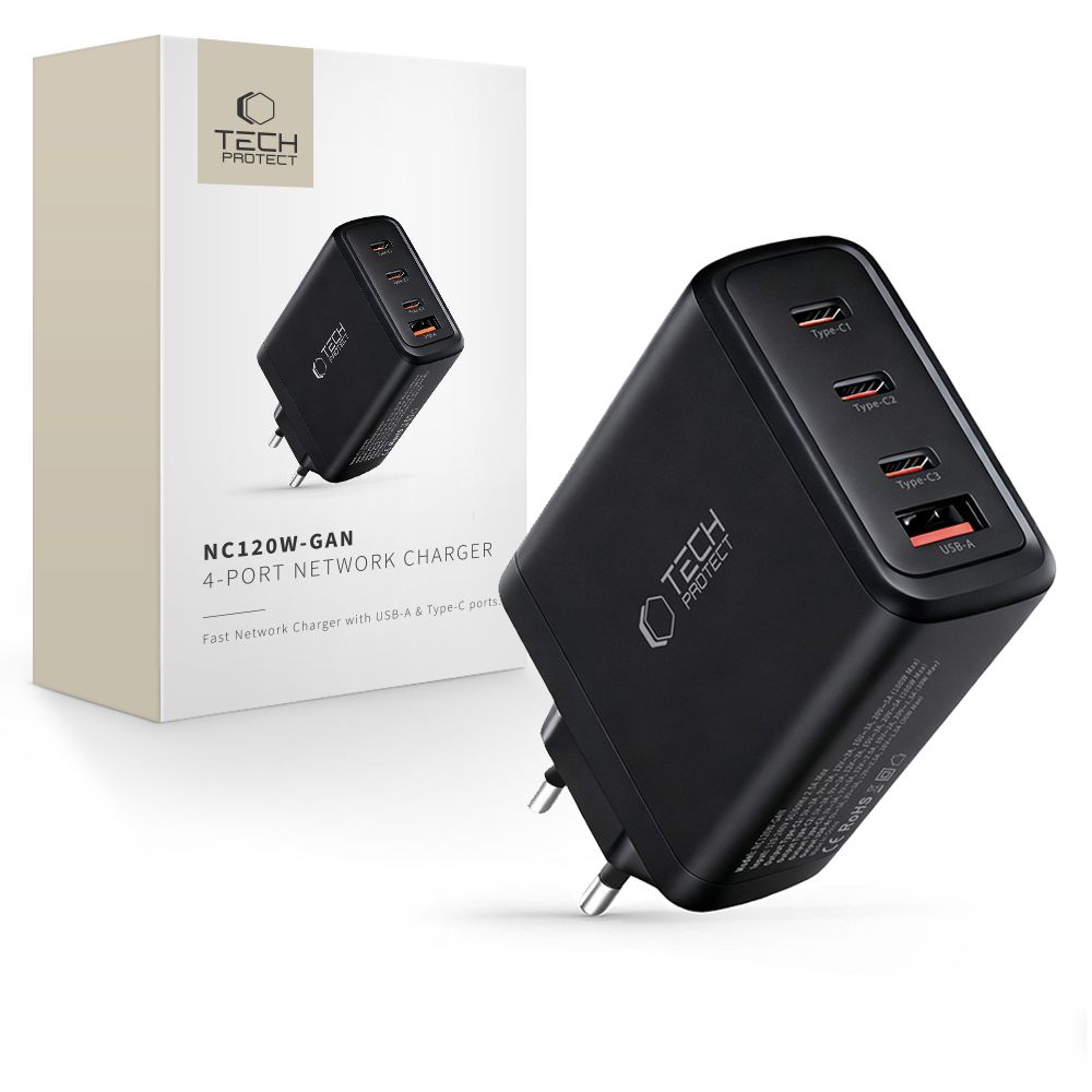 Tech-Protect Tech-Protect 120W Väggladdare PD QC3.0 USB-C/USB-A Svart - Teknikhallen.se