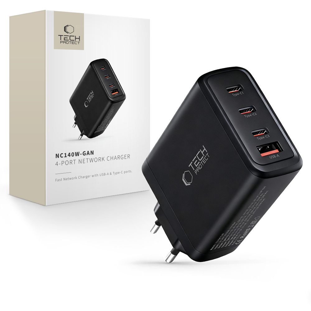 Tech-Protect Tech-Protect 140W Väggladdare PD QC3.0 USB-C/USB-A Svart - Teknikhallen.se