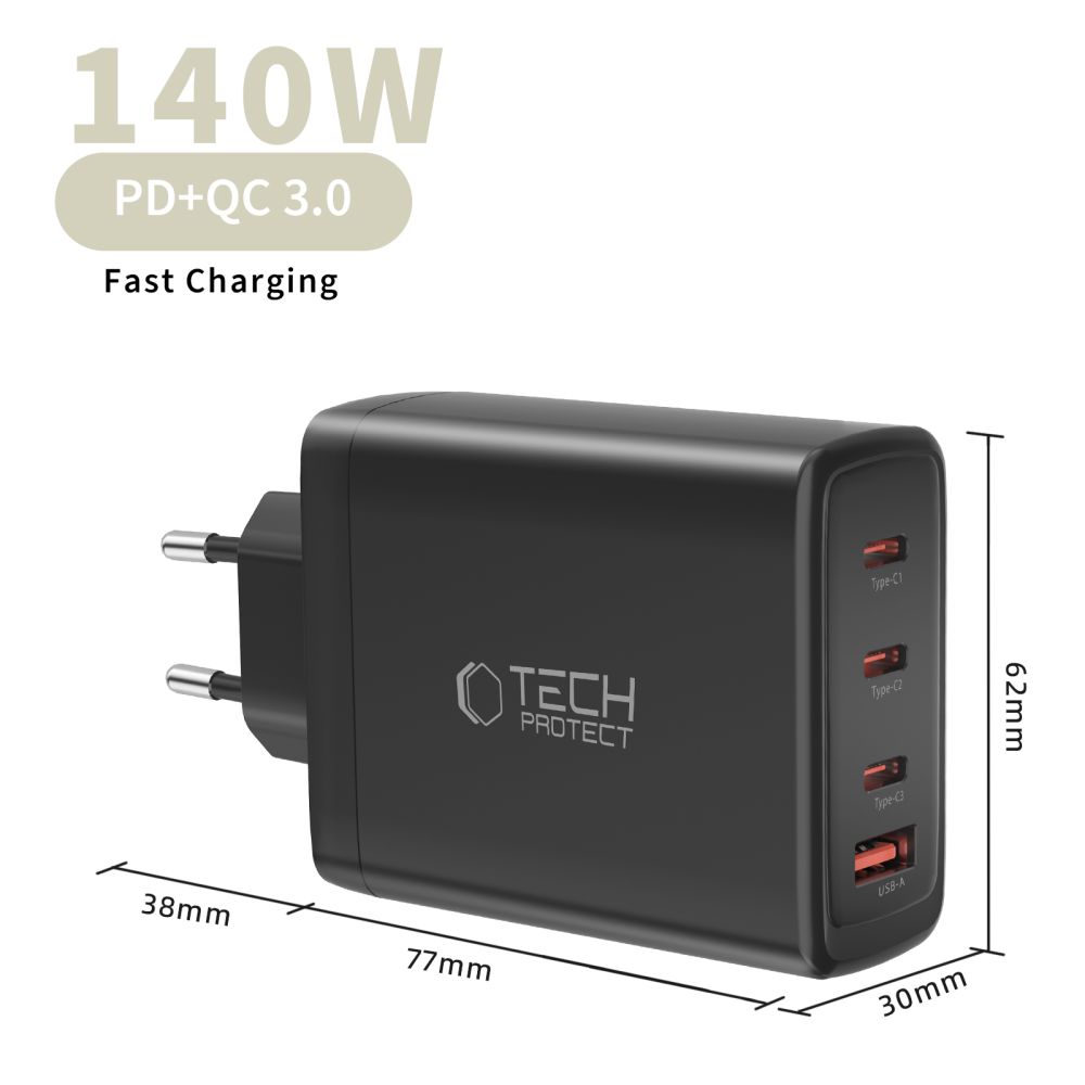 Tech-Protect Tech-Protect 140W Väggladdare PD QC3.0 USB-C/USB-A Svart - Teknikhallen.se
