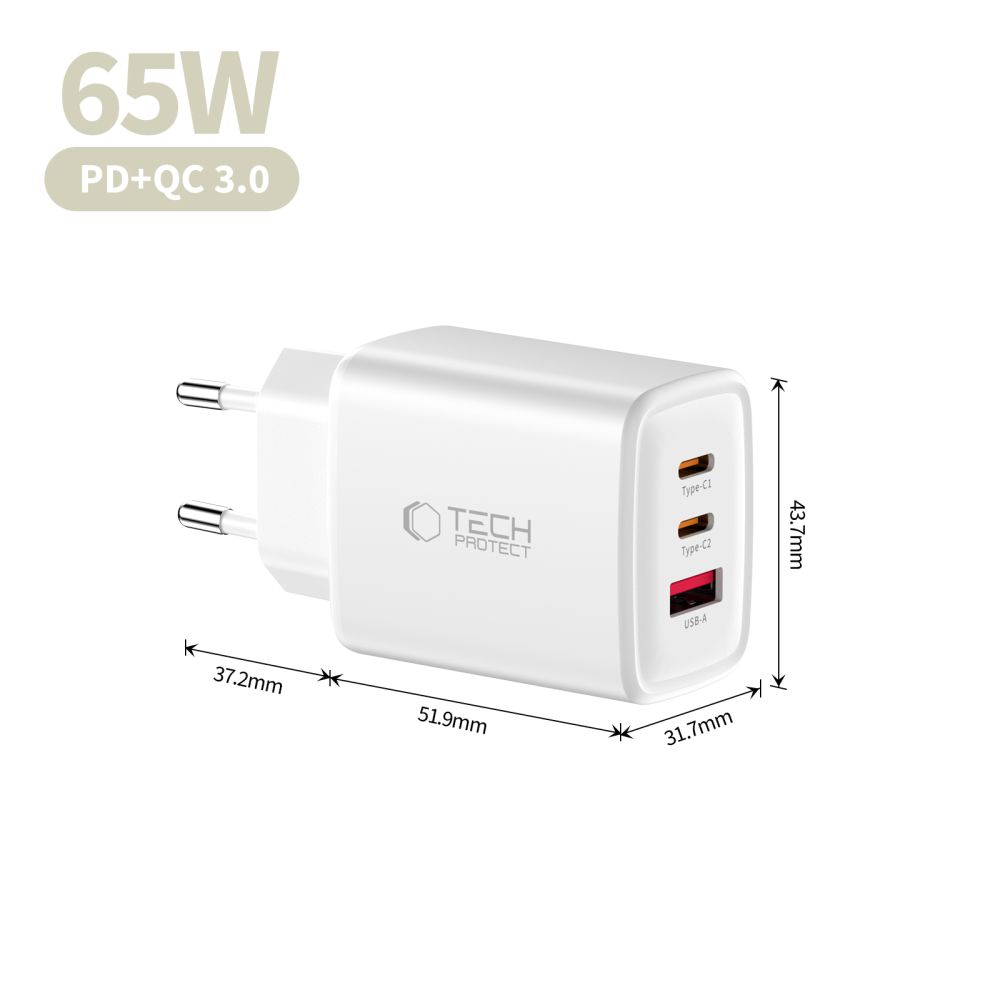 Tech-Protect Tech-Protect 65W Väggladdare PD QC3.0 USB-C / USB-A Vit - Teknikhallen.se