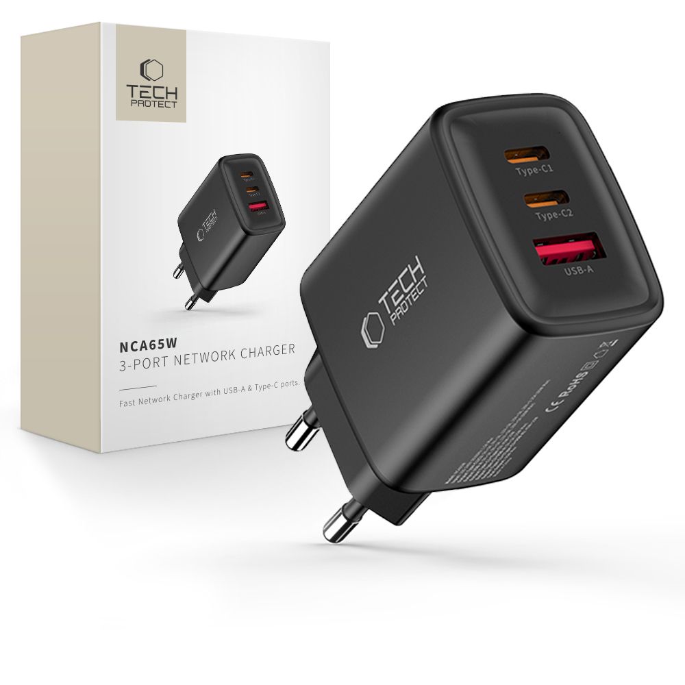 Tech-Protect Tech-Protect 65W Väggladdare PD QC3.0 USB-C / USB-A Svart - Teknikhallen.se