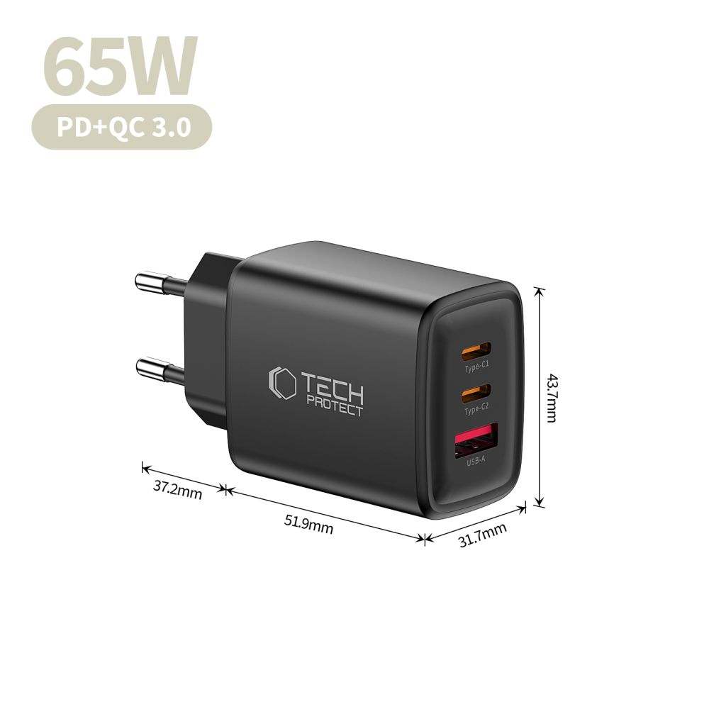 Tech-Protect Tech-Protect 65W Väggladdare PD QC3.0 USB-C / USB-A Svart - Teknikhallen.se