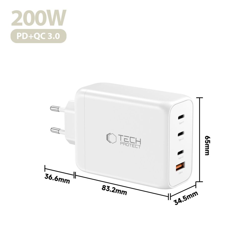 Tech-Protect Tech-Protect 200W Väggladdare PD QC3.0 USB-C / USB-A Vit - Teknikhallen.se