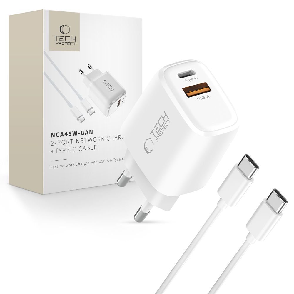 Tech-Protect Tech-Protecht 45W Väggladdare PD QC3.0 Inkl USB-C Kabel Vit - Teknikhallen.se
