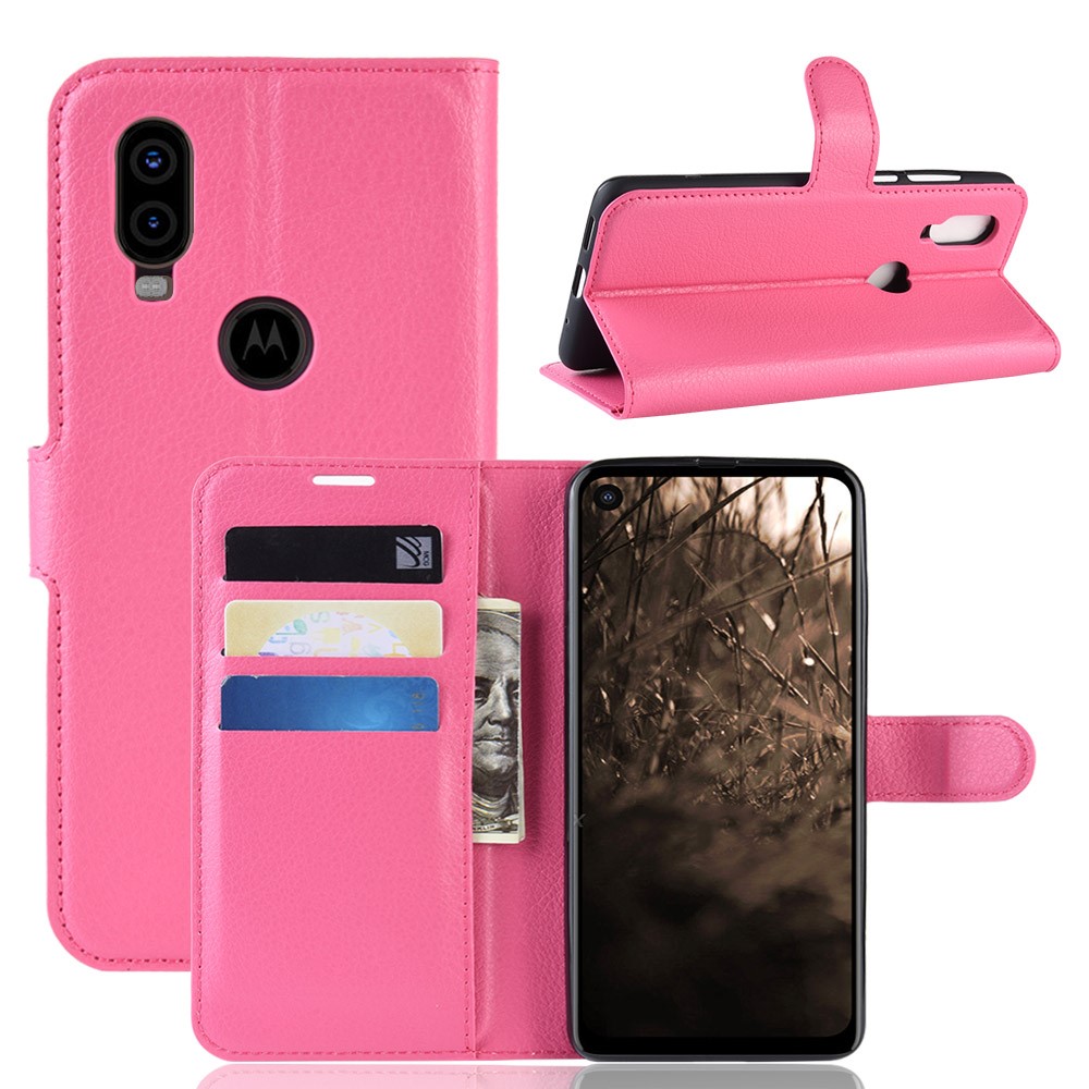  Motorola One Vision - Litchi Plånboksfodral - Rosa - Teknikhallen.se